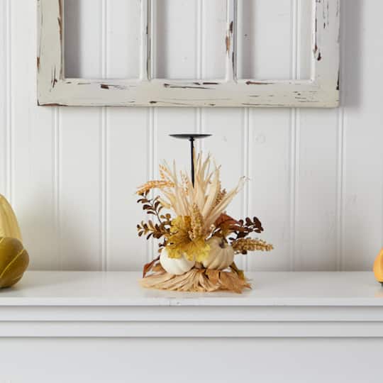12" Autumn Harvest and Pumpkin Candle Holder Arrangement